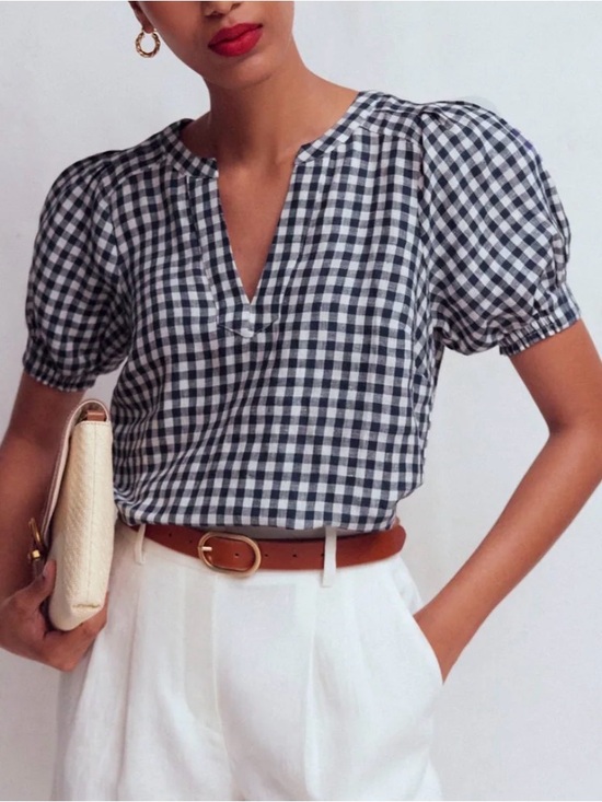 Boden Tops - Boden 100% Linen Blue & White Gingham Puff-Sleeve Split-Neck Blouse